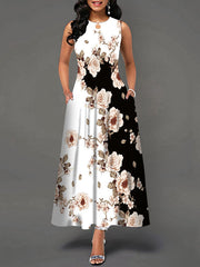 Sleeveless Flower Print Pleated Flared Round Neck Maxi Dress