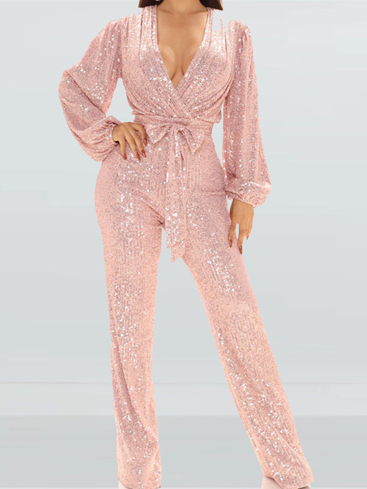 Deep V-Neck Long Sleeve Belted Sequin Jumpsuit