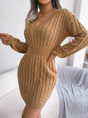 Long Sleeve V-Neck Knitted Solid Mini Dress