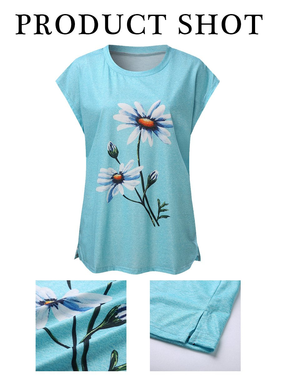 Round Neck Cap Sleeve Floral Printed Tank Top