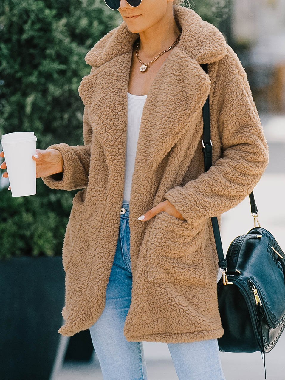 Lapel Collar Front Pocket Faux Shearling Shaggy Jacket Coat