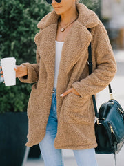 Lapel Collar Front Pocket Faux Shearling Shaggy Jacket Coat