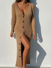 Deep V-Neck Long Sleeve Button Down Maxi Sweat Dress