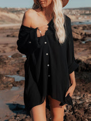 V Neck Long Sleeve Button Down Tunic Blouse Mini Dress