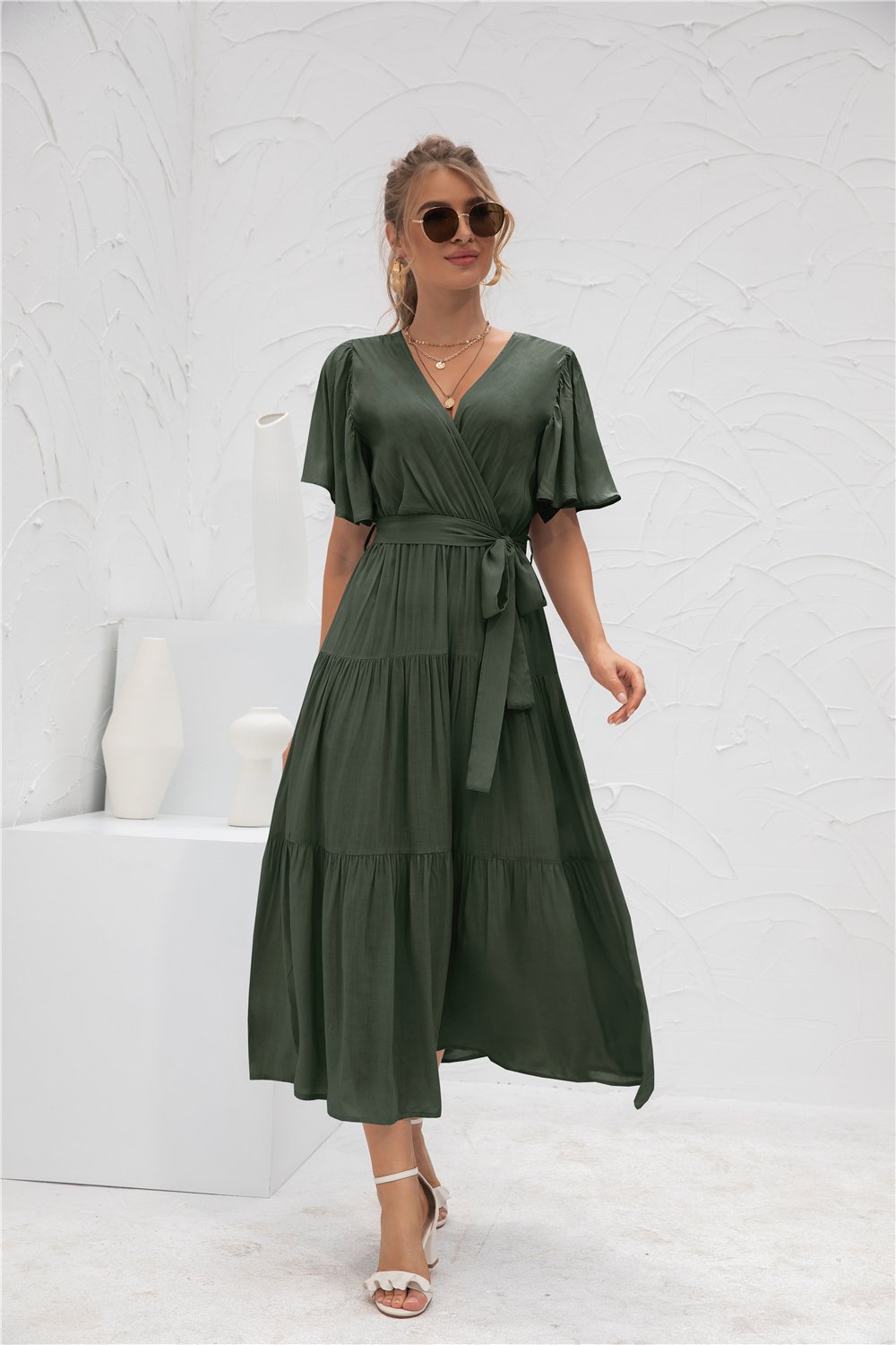 Short Sleeve V Neck Flowy Waist Wrap Maxi Dress