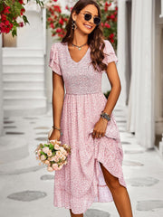 V-Neck Short Sleeves Flared Midi Dress