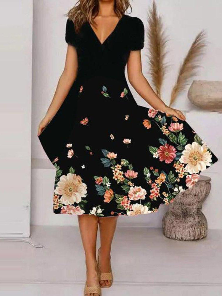 V-Neck Short Sleeve Floral Print Flared Midi Dress