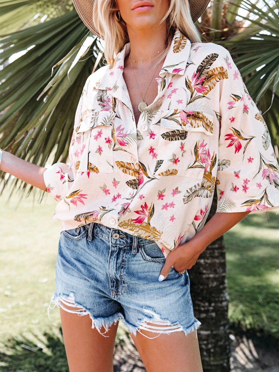 Short Sleeve V Neck Collar Tie Front Floral Blouse Top