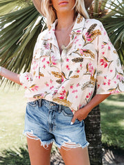 Short Sleeve V Neck Collar Tie Front Floral Blouse Top