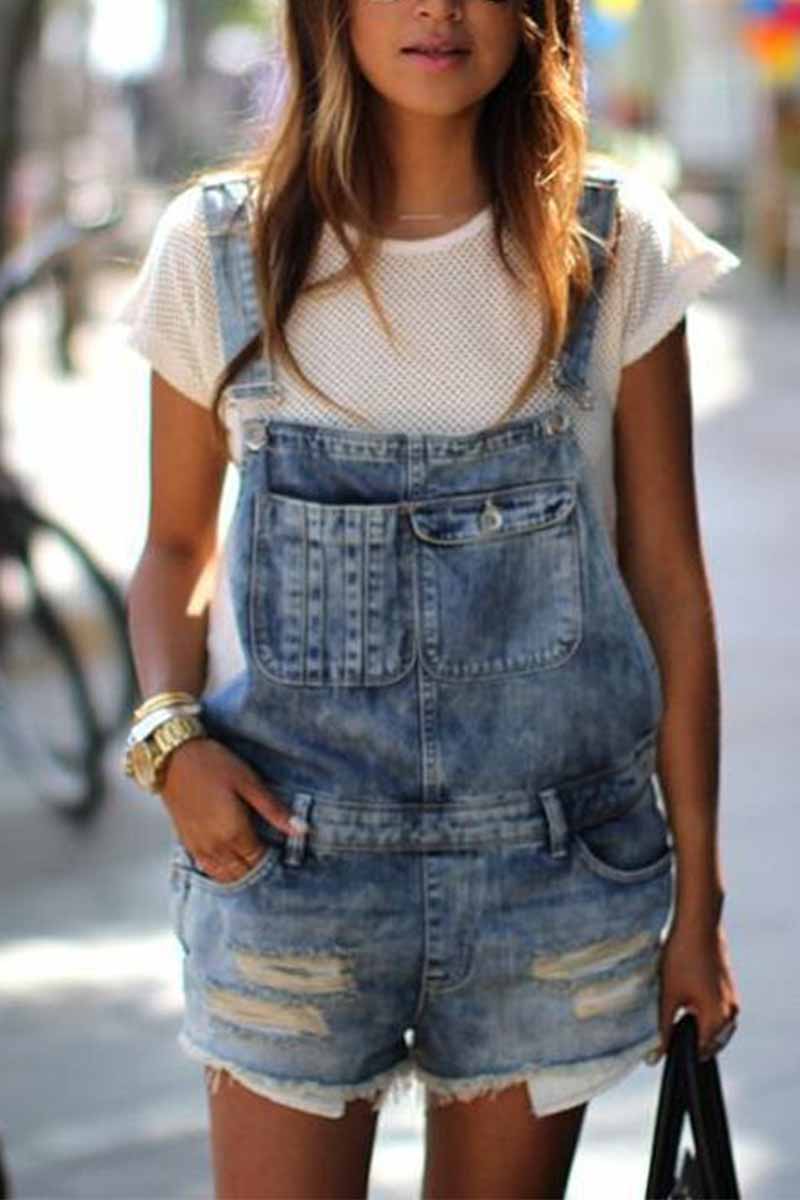 Casual Denim Rompers with pockets