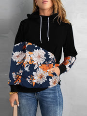 O-Neck Long Sleeve Floral Print Drawstring Sweatshirt