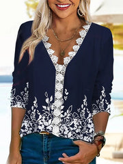 Deep V-Neck Floral Print Long Sleeve Blouse Top