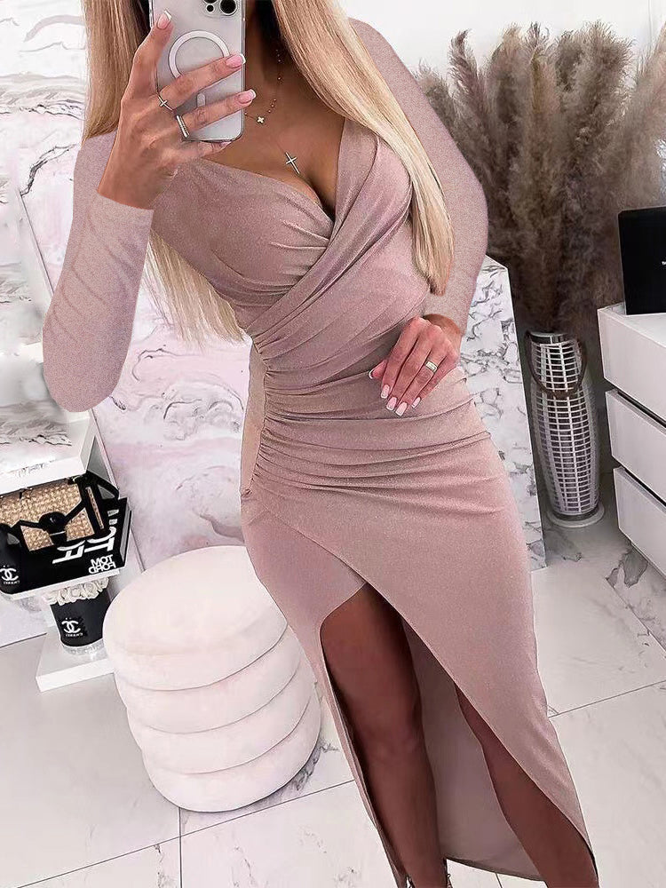Cross V Neck Long Sleeve Side Split Bodycon Maxi Dress