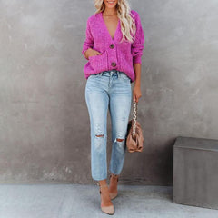 Deep V Neck Button Down Long Sleeve Sweater with Pockets