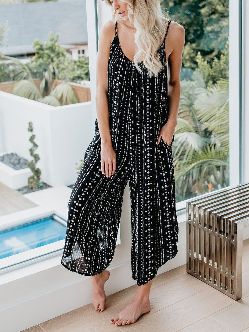 Round Neck Spaghetti Strap Casual Loose Jumpsuit