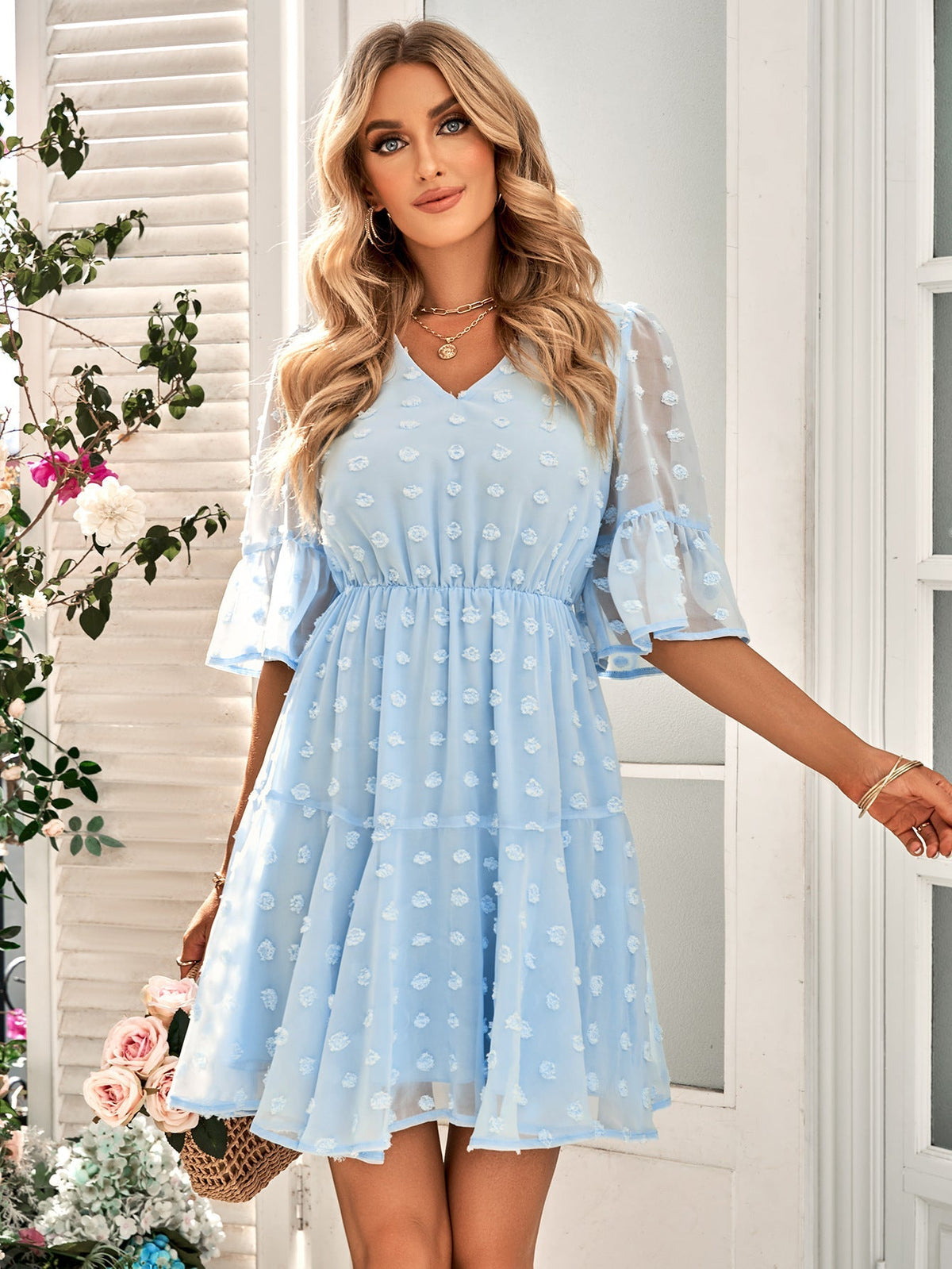 V-Neck Short Sleeve Swiss Dot Pleated Chiffon Mini Dress