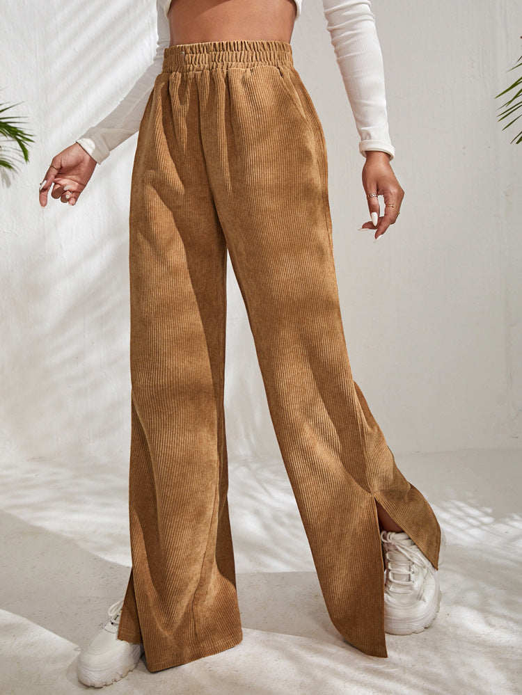 Elastic High Waist Wide Leg Solid Velvet Pant