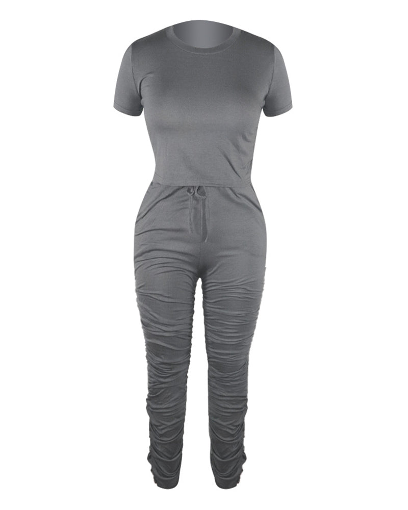 Solid Crop Top & Drawstring Ruched Pants Set