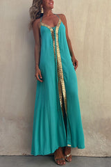 Del Mar Sequin Trim Lace-up Halter Elastic Back Maxi Dress