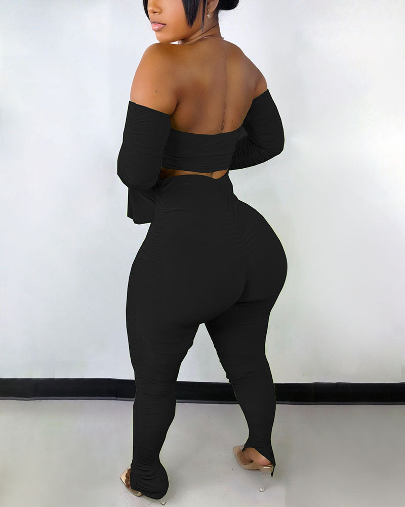 Ruched Split Hem Off Shoulder Crop Top & Pants Set