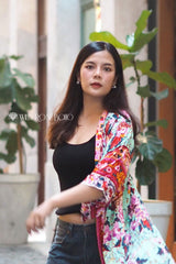 Boho Robe, Kimono Robe,  Beach Cover up, Short Robe, Green Red Amary