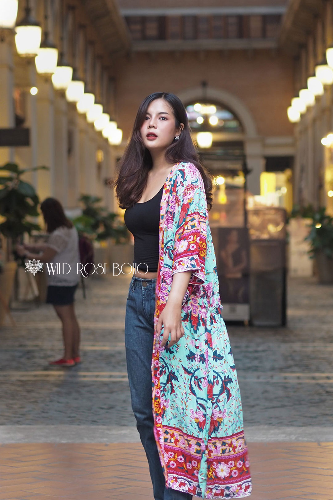 Boho Robe, Kimono Robe,  Beach Cover up, Camila Peony Green Red