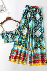 Boho Two Piece Set, Crop Top and Palazzo Pant, Wild Boho Square Green
