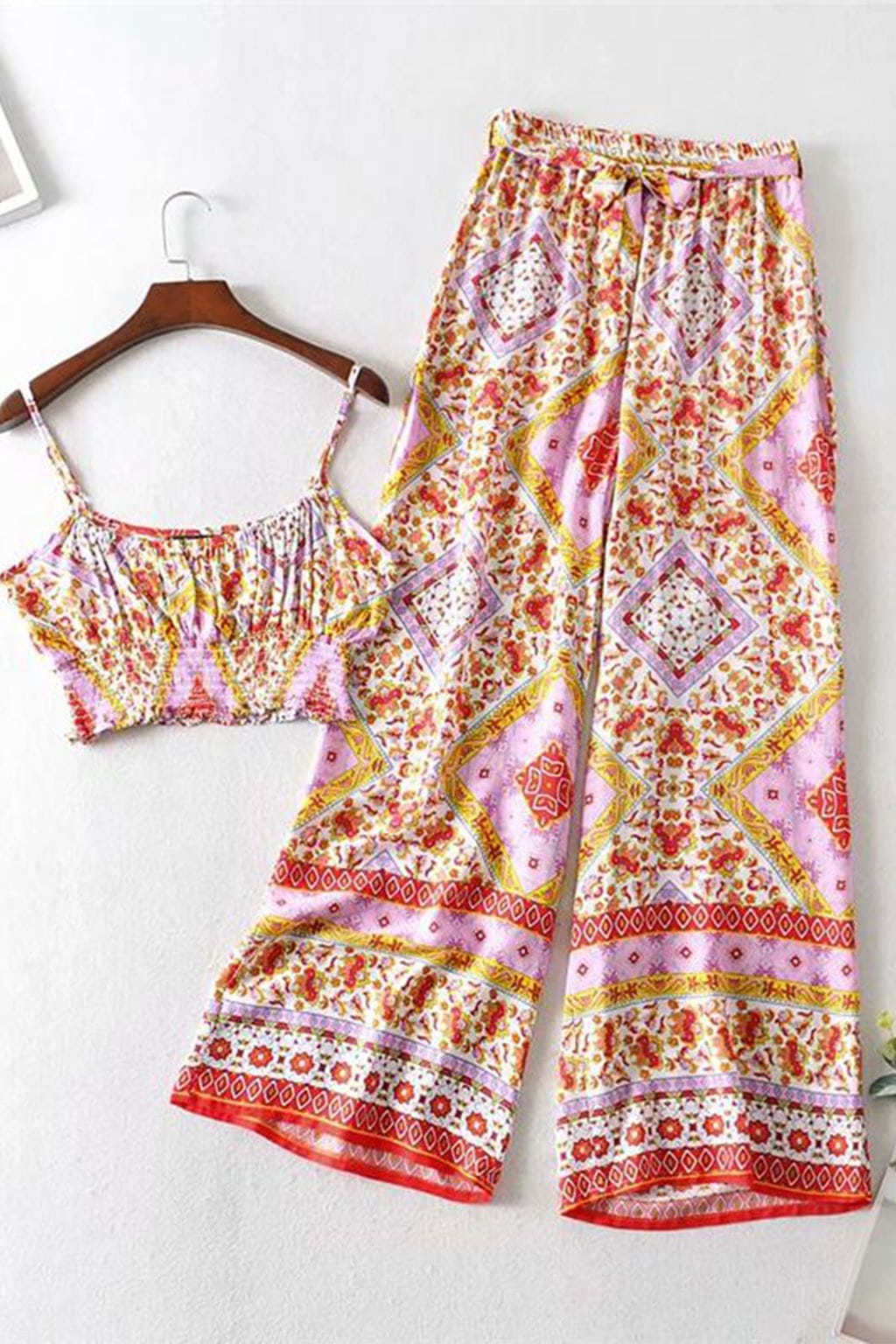 Boho Two Piece Set, Crop Top and Palazzo Pant, Wild Boho Square Pink