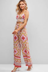 Boho Two Piece Set, Crop Top and Palazzo Pant, Wild Boho Square Pink