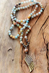Boho Necklace, Blue and Brown Pyrite Angel Wing