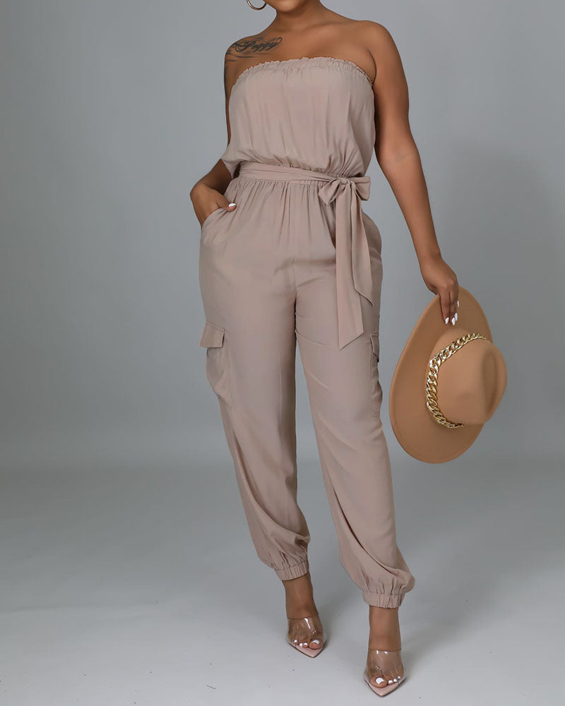 Solid Belted Flap Pocket Frill Trim Strapless Jumpsuit