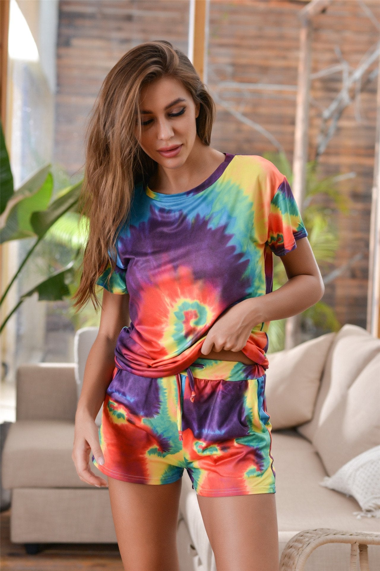 Round Neck Tie Dye Short Sleeve Shorts Jumpsuit