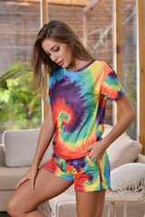Round Neck Tie Dye Short Sleeve Shorts Jumpsuit