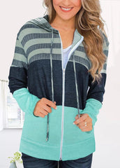 Drawstring Striped Zipper Long Sleeve Hoodie
