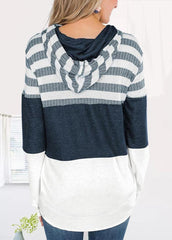 Drawstring Striped Zipper Long Sleeve Hoodie