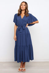 V Neck Tie Waist Short Sleeve Maxi Dress