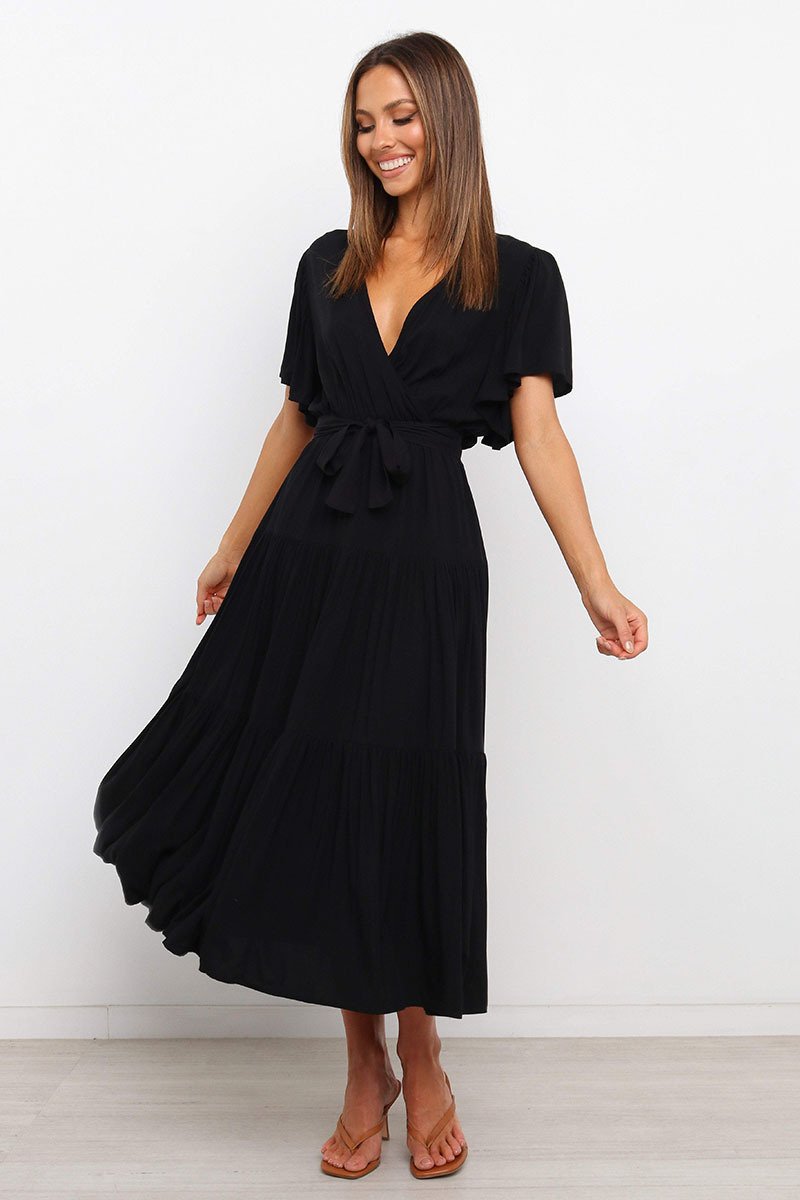 V Neck Tie Waist Short Sleeve Maxi Dress