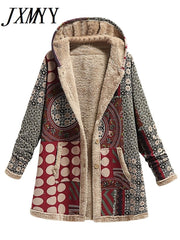 Printed Thick Fleece Hooded Pocketed Long Jacket