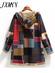 Printed Thick Fleece Hooded Pocketed Long Jacket