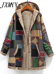 Printed Thick Fleece Hooded Pocketed Long Jacket