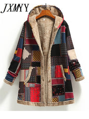 Printed Thick Fleece Hooded Pocketed Long Jacket