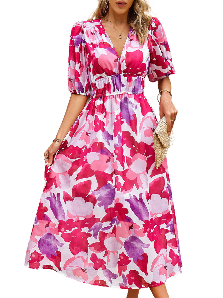 Women's Dresses Temperament Print Waist V Neck Midi Dress