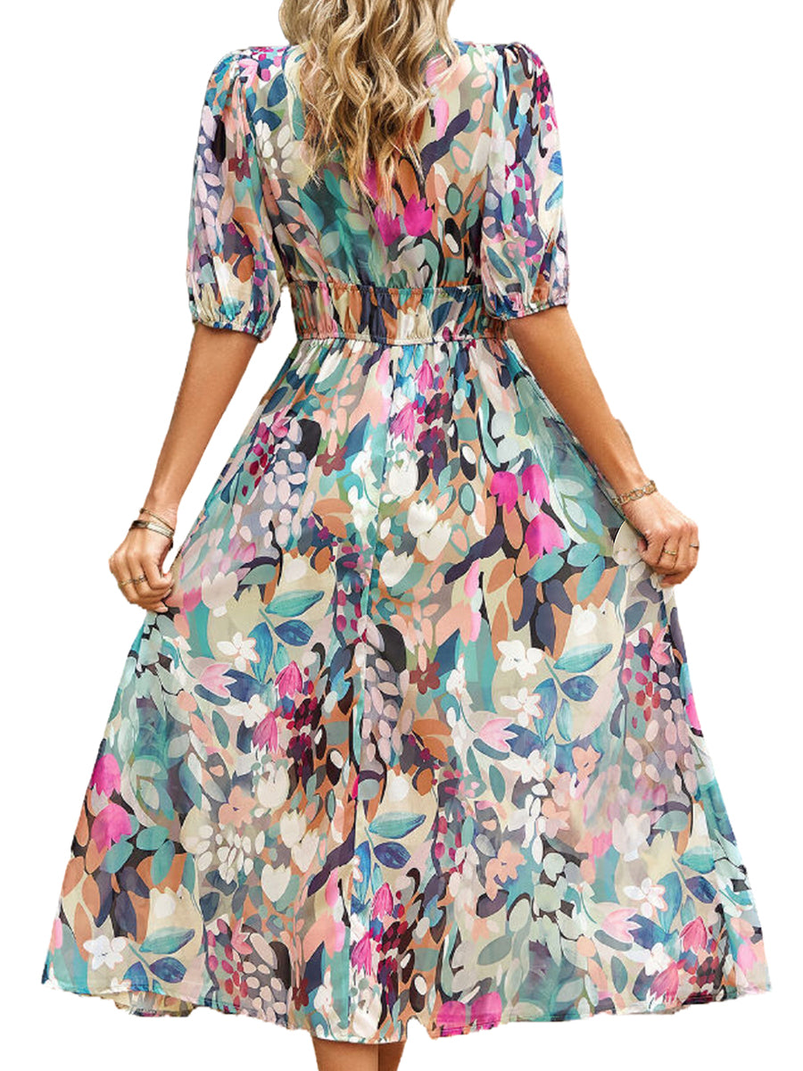 Women's Dresses Temperament Print Waist V Neck Midi Dress