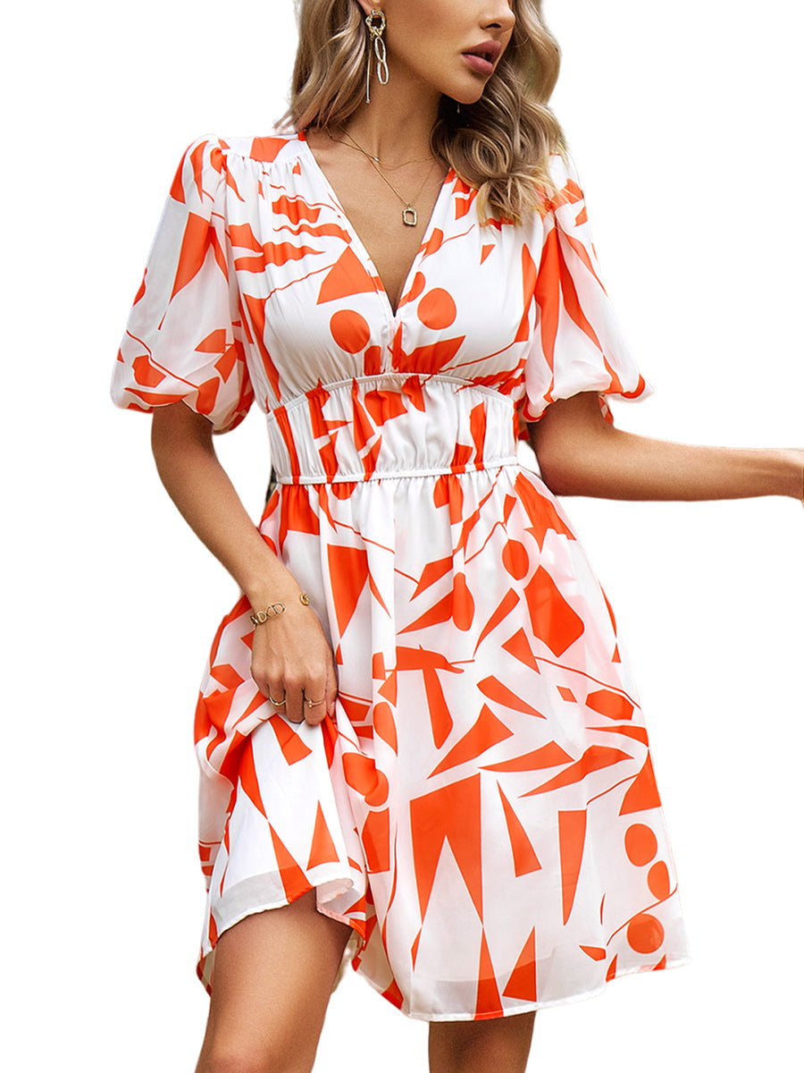 Women's Dresses Print Temperament Waist V Neck Mini Dress