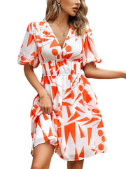 Women's Dresses Print Temperament Waist V Neck Mini Dress