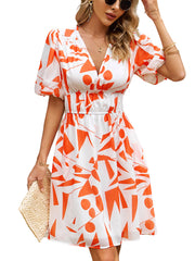 Women's Dresses Print Temperament Waist V Neck Mini Dress