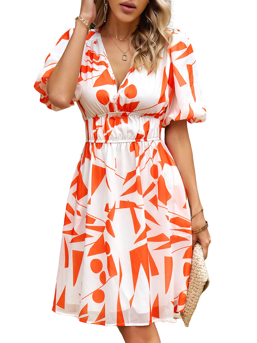 Women's Dresses Print Temperament Waist V Neck Mini Dress