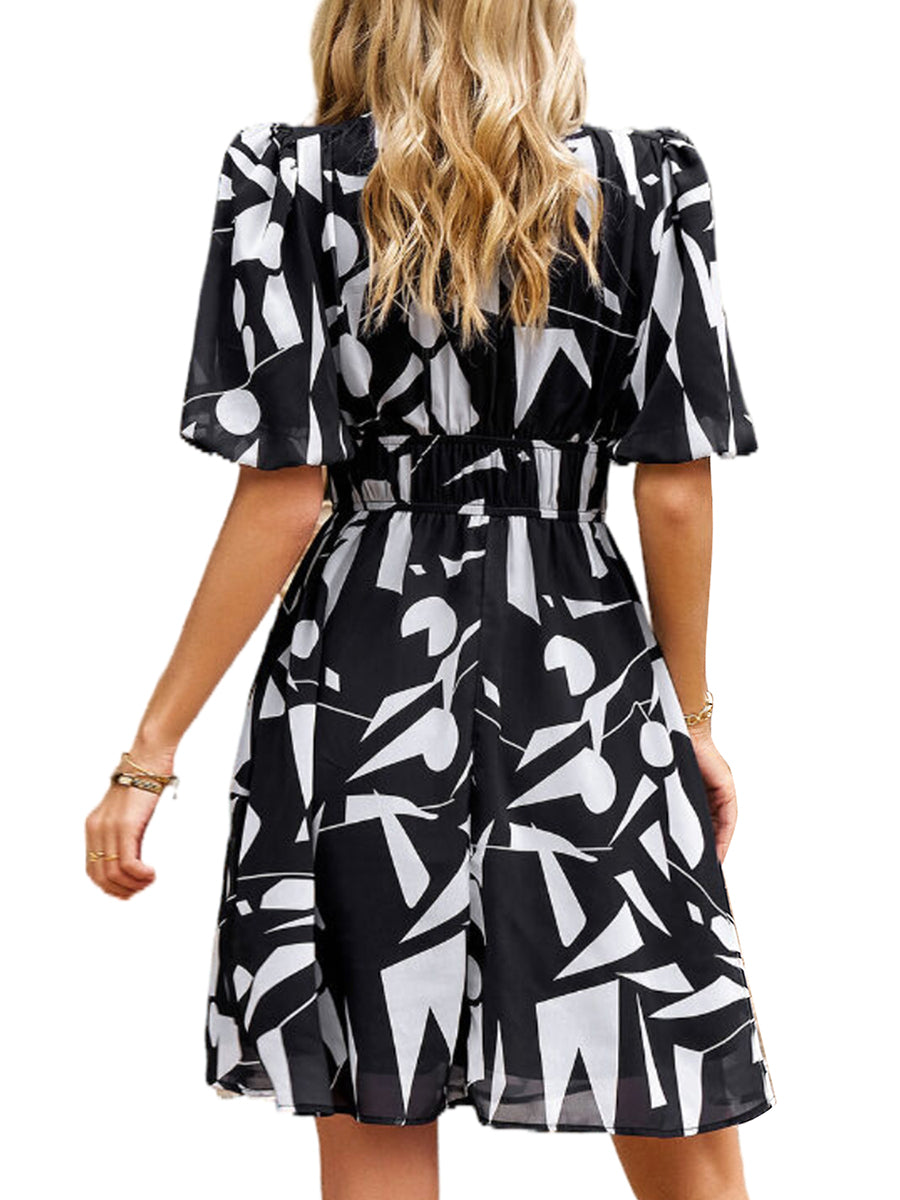 Women's Dresses Print Temperament Waist V Neck Mini Dress