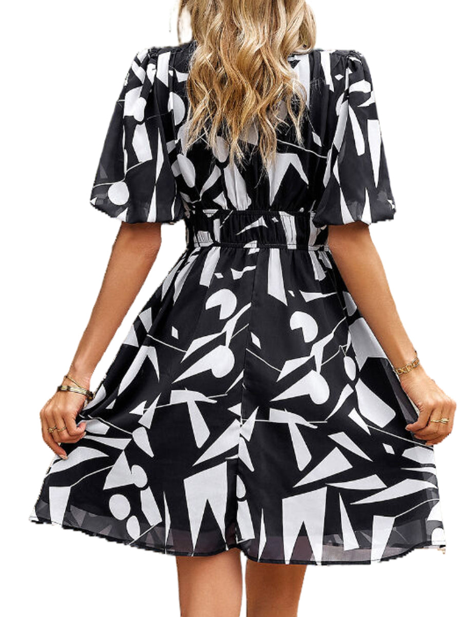 Women's Dresses Print Temperament Waist V Neck Mini Dress
