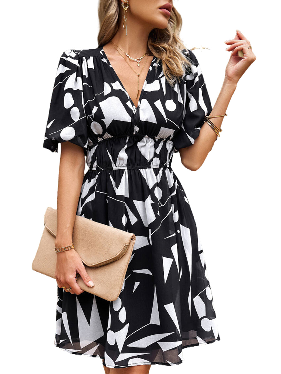 Women's Dresses Print Temperament Waist V Neck Mini Dress